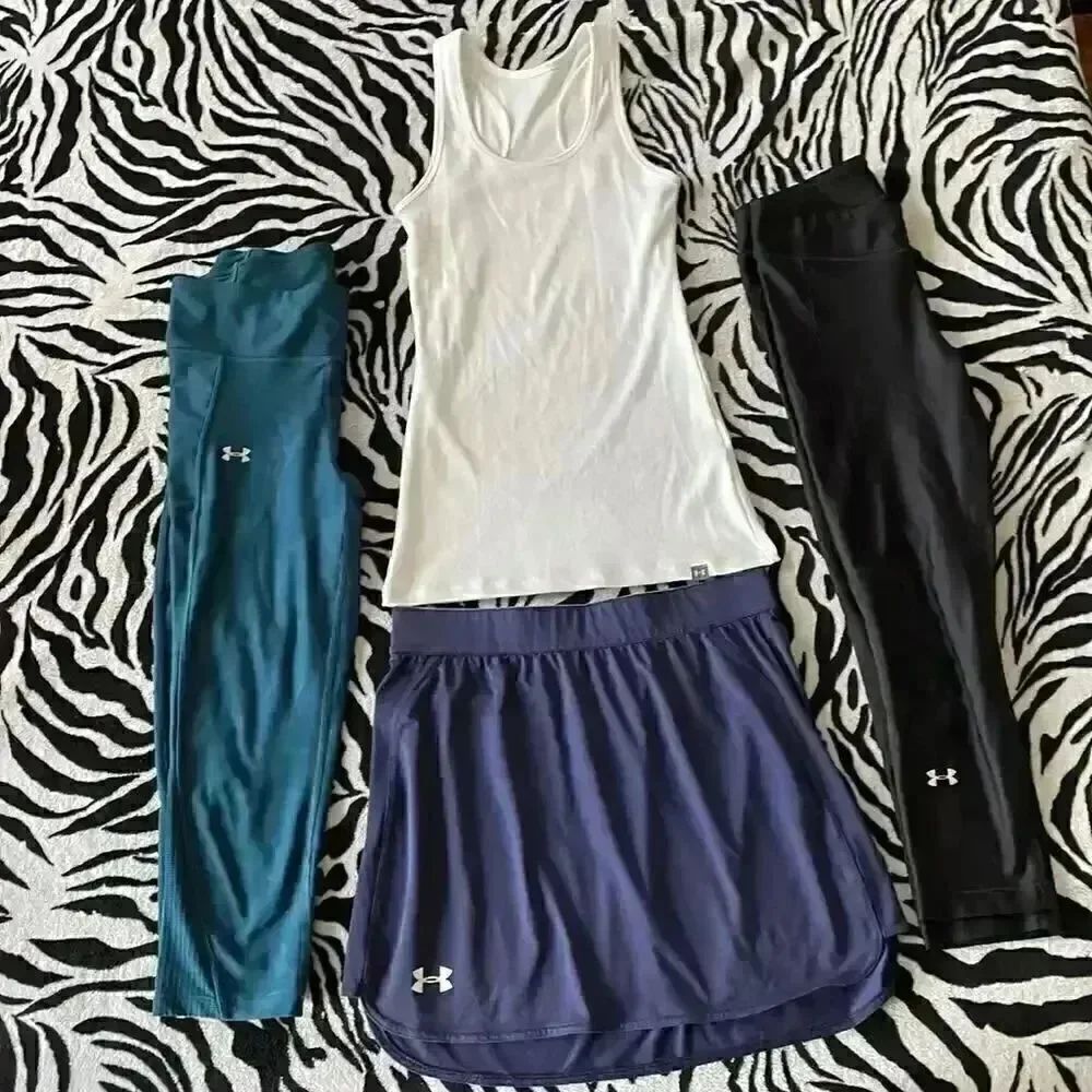 Bundle set of 4 women’s under armour pants, leggings, skirt tank top gym outfit